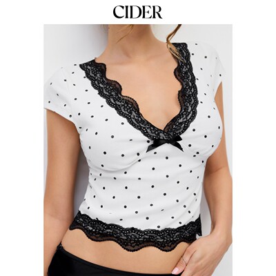 CIDER2026夏季新品棉混纺波点V领短袖蕾丝蝴蝶结上衣115458235