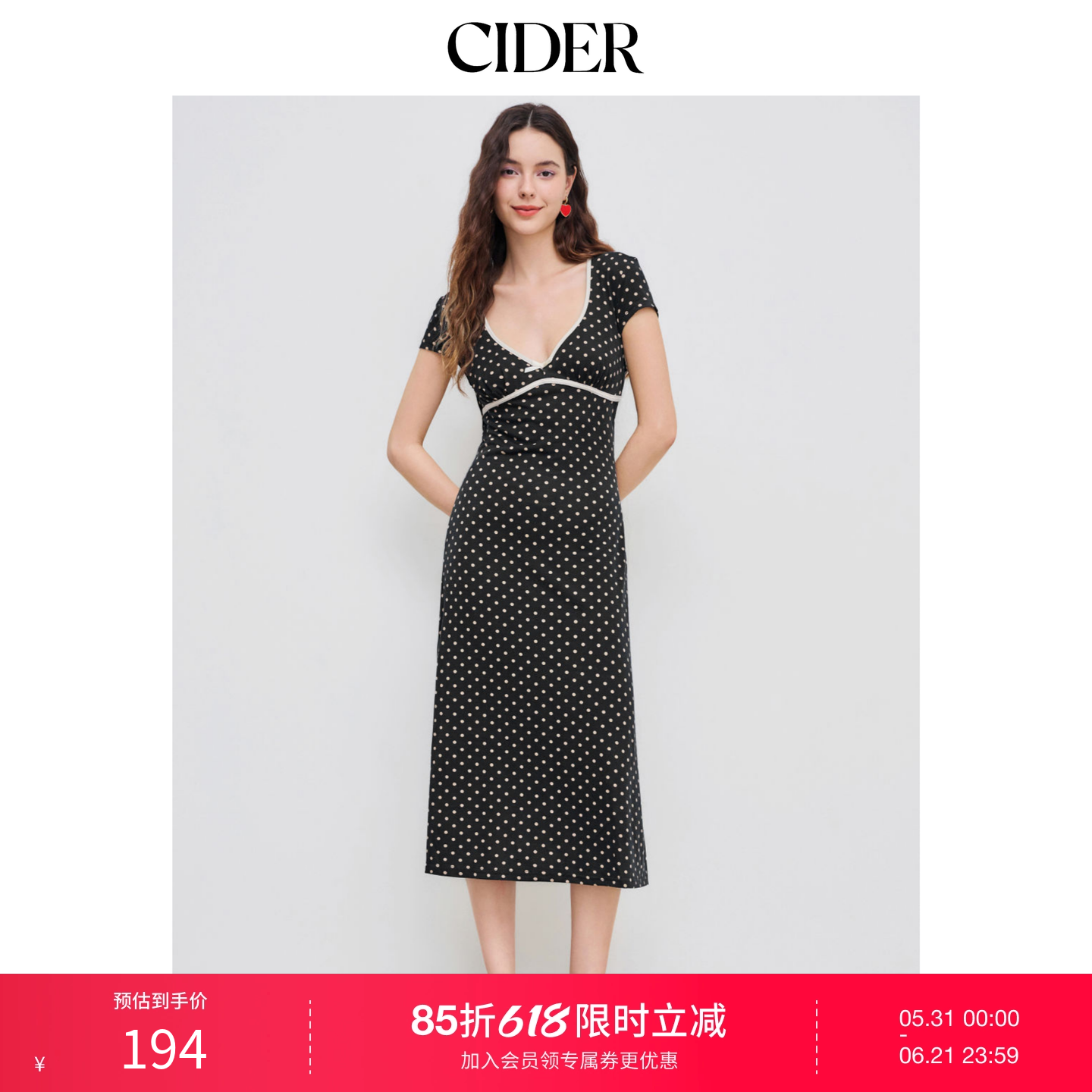 CIDER秋冬女装针织V领波点蝴蝶结中长连衣裙104114395