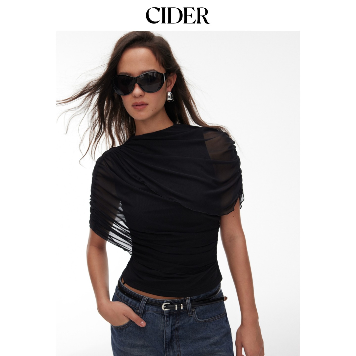 CIDER2026早秋穿搭网眼圆领褶饰短袖上衣115402525图片