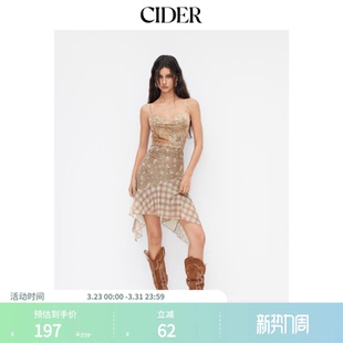CIDER碎花格纹荡领褶边中长款 114802146 吊带连衣裙女装
