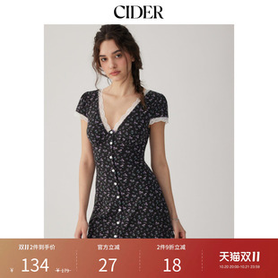 CIDER2026早秋穿搭碎花V领蕾丝边高腰A字迷你连衣裙115285474