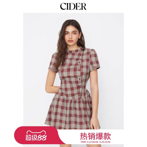 CIDER美式格纹翻领泡泡袖系带迷你连衣裙114992258