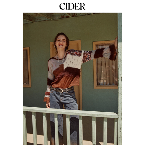 CIDER都市游牧风春秋新品女装羊毛撞色船领长袖上衣111856671