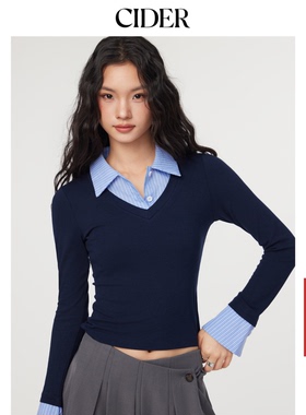 【明星同款】CIDER  miu系假两件V领条纹翻领学院风衬衫114068265