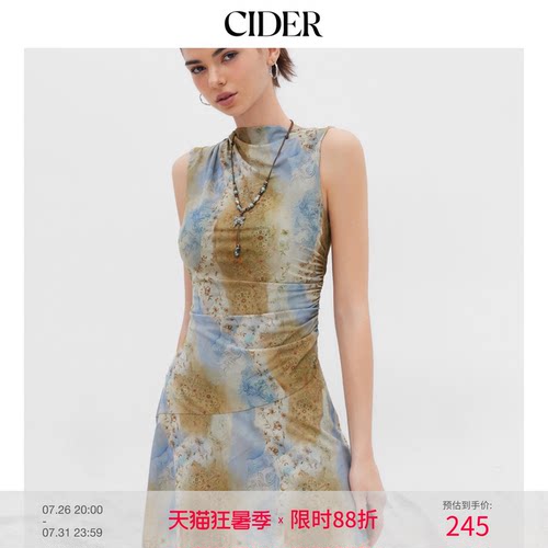 CIDER扎染碎花薄纱迷你连衣裙