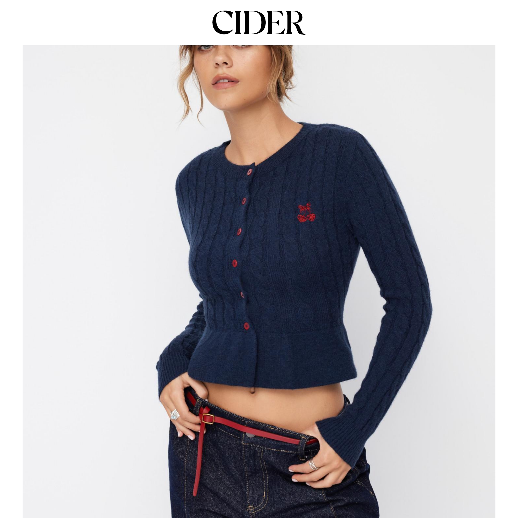 CIDER樱桃长袖针织绞花麻花荷叶边针织开衫114713606