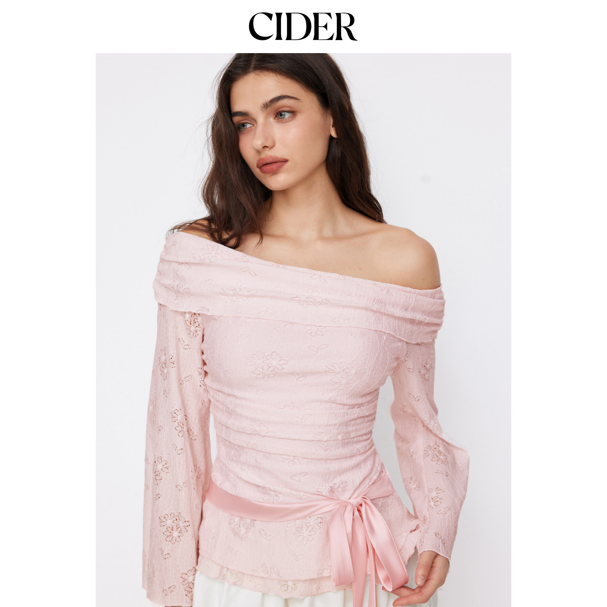 CIDER蕾丝落肩碎花褶皱长袖上衣114795094图片