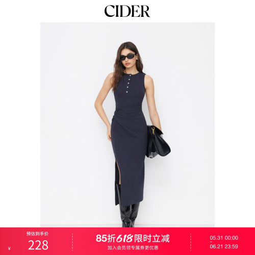 CIDER2026春季新品棉混纺圆领扭结开叉长连衣裙114954780
