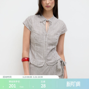 114646714 衬衣女装 CIDER亚麻衬衫 翻领条纹镂空系带短袖