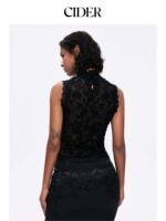 CIDER2026 Autumn New Collection: Flocked Aztec patterned stand-up collar lace patchwork fitted vest 115725482 thumbnail 5