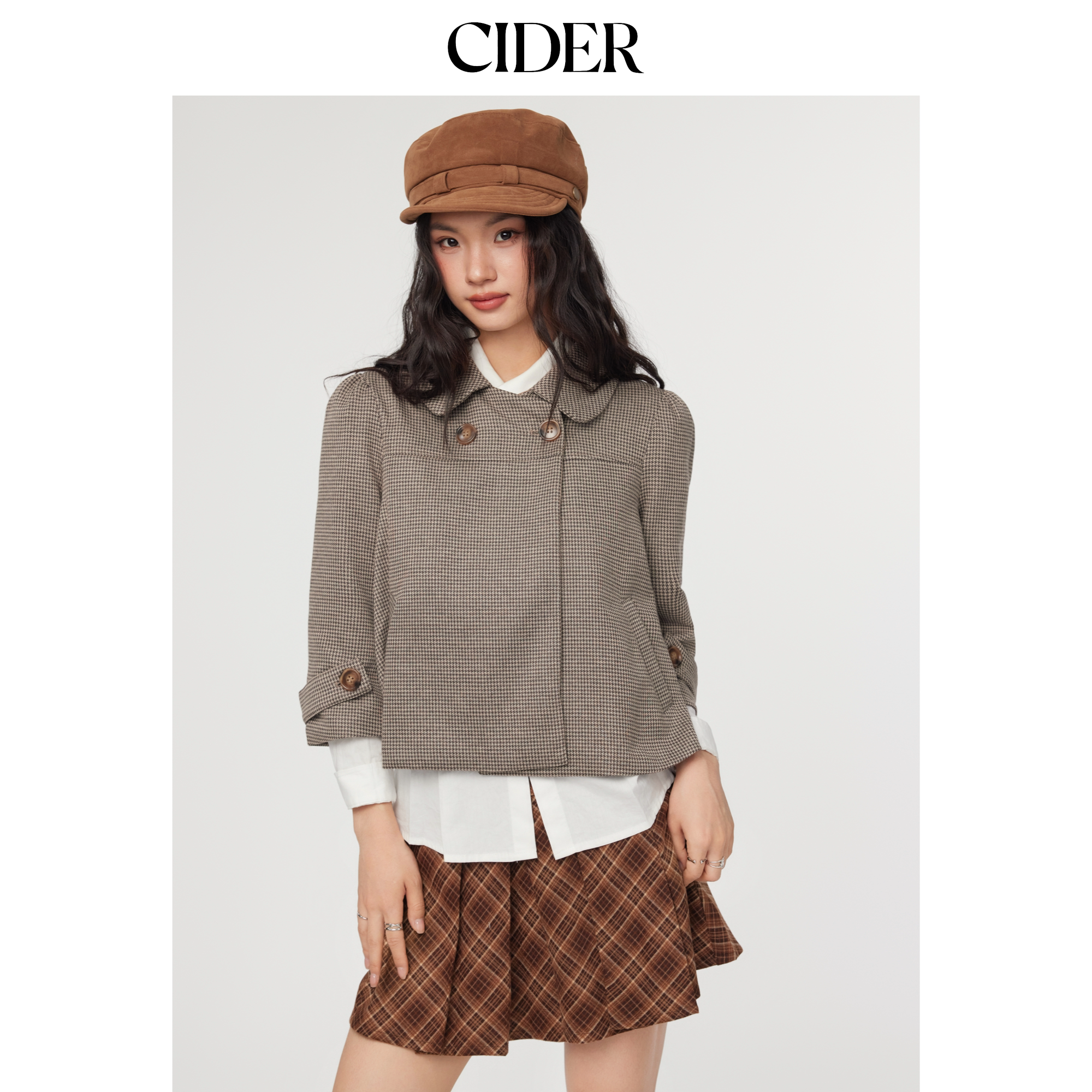 CIDER彼得潘翻领美式复古格纹外套七分袖短款宽松上衣114936817图片