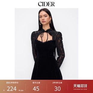CIDER天鹅绒翻领长袖蕾丝网纱系带迷你连衣裙115032159