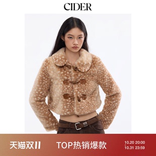 CIDER都市游牧风外套小鹿印花仿皮草翻领按扣短款夹克114872392