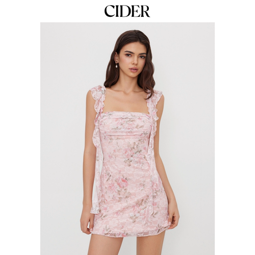 CIDER方领蕾丝碎花褶边迷你连衣裙114590167