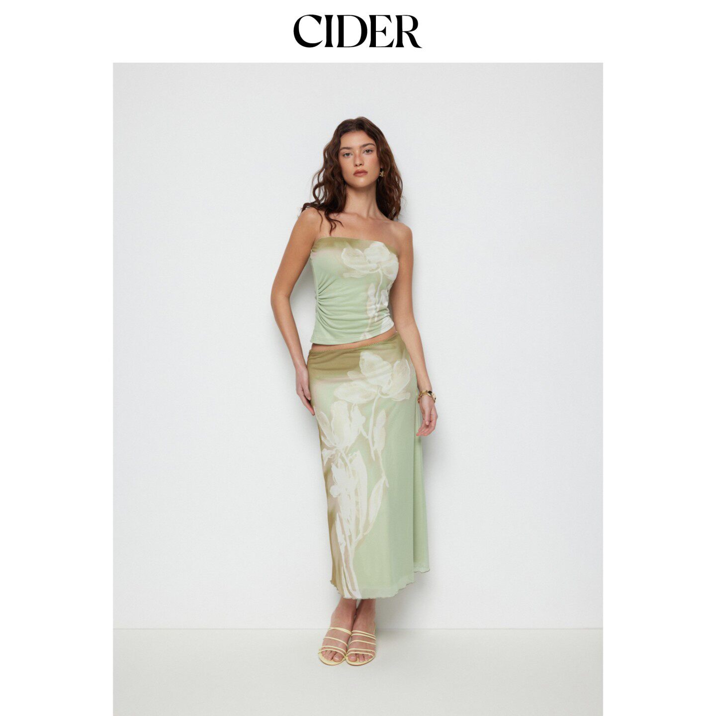 CIDER网纱碎花裹身抹胸上衣+中腰铅笔长裙套装115248423图片