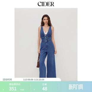 CIDER春秋女装 114498326 牛仔V领纽扣口袋阔腿连体裤
