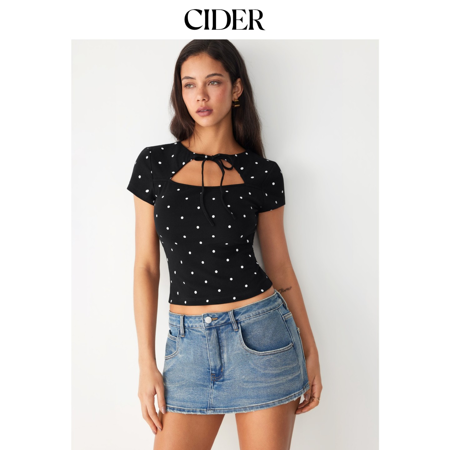 CIDER2026秋季新品棉混纺波点镂空蝴蝶结短袖上衣115612916图片