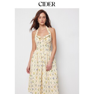 CIDER2026春季新品棉质碎花挂脖系带A字长连衣裙115255418
