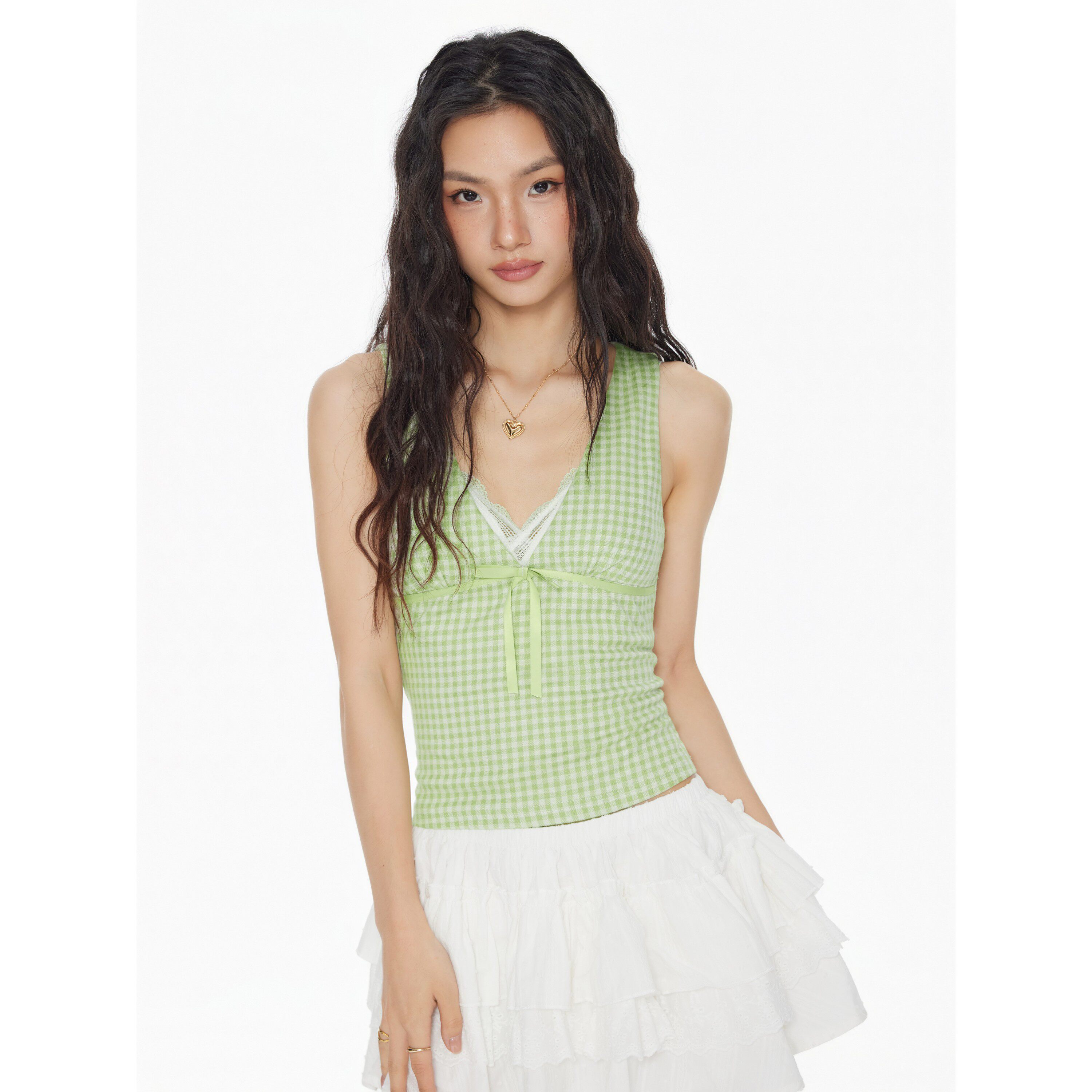 CIDER明星同款正品辣妹深v领背心格纹小蝴蝶结无袖上衣 114514060