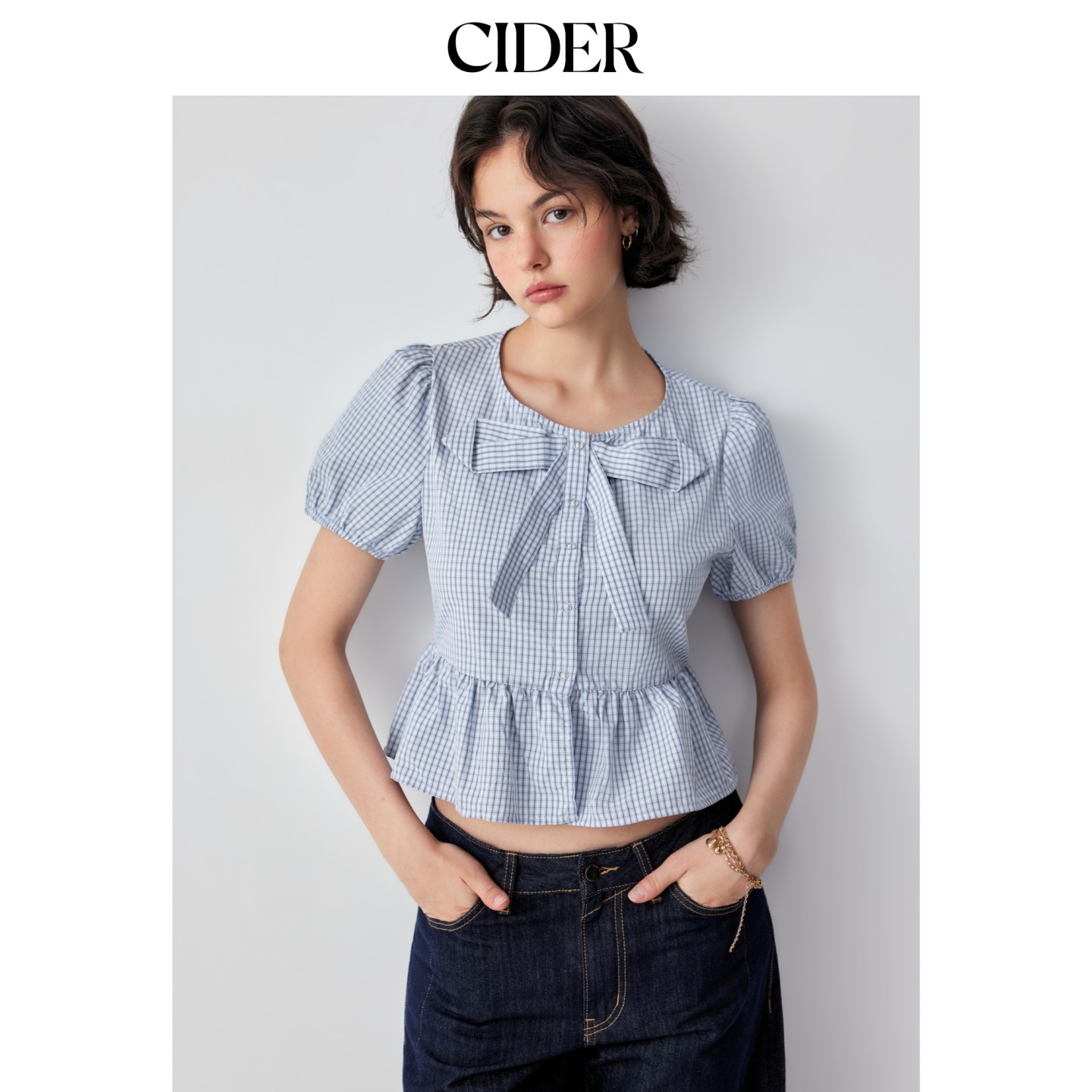 CIDER2026夏季新品棉混纺格纹泡泡袖蝴蝶结荷叶边上衣115472488