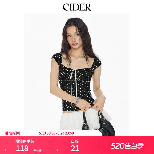 CIDER方领波点系带短袖短款T恤