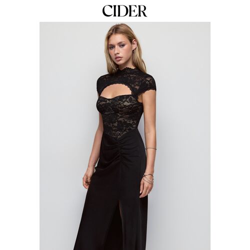 CIDER缎面蕾丝立领镂空抽褶开衩鱼尾长连衣裙115732217