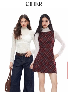 【所有女生直播间】CIDER明星同款酒红色格纹连衣裙/白色蕾丝上衣