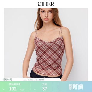 CIDER格纹荡领蕾丝边拼接夏无袖 背心吊带上衣114766912