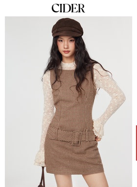 CIDER  chic风格纹无袖棕色短款千鸟格美式复古连衣裙114792418