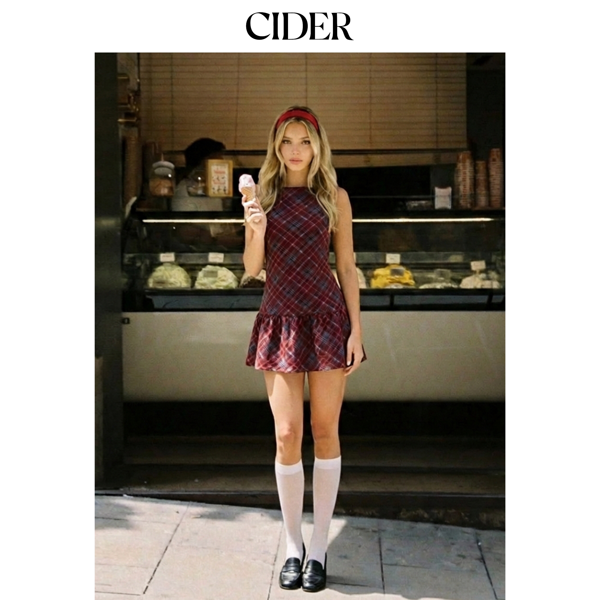 【明星同款】CIDER格纹格子美式复古甜酷红色无袖连衣裙114054255图片