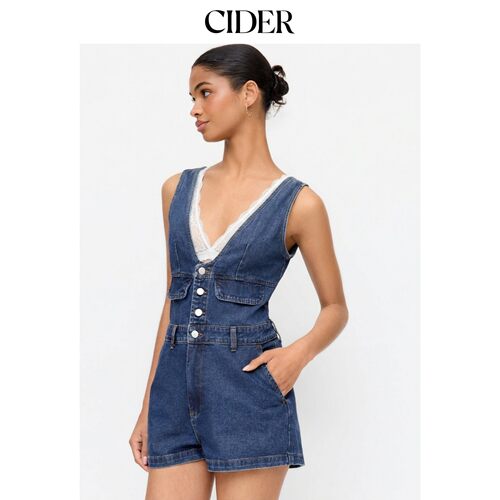 CIDER2026早秋穿搭牛仔V领纽扣前襟金属装饰连体裤115111361
