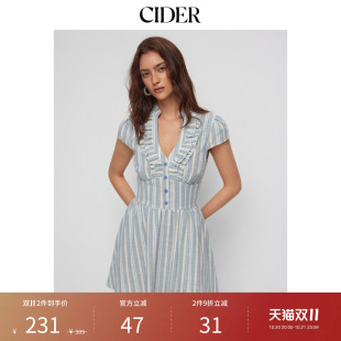 CIDER秋季新品条纹V领短袖荷叶边A字迷你连衣裙115407731