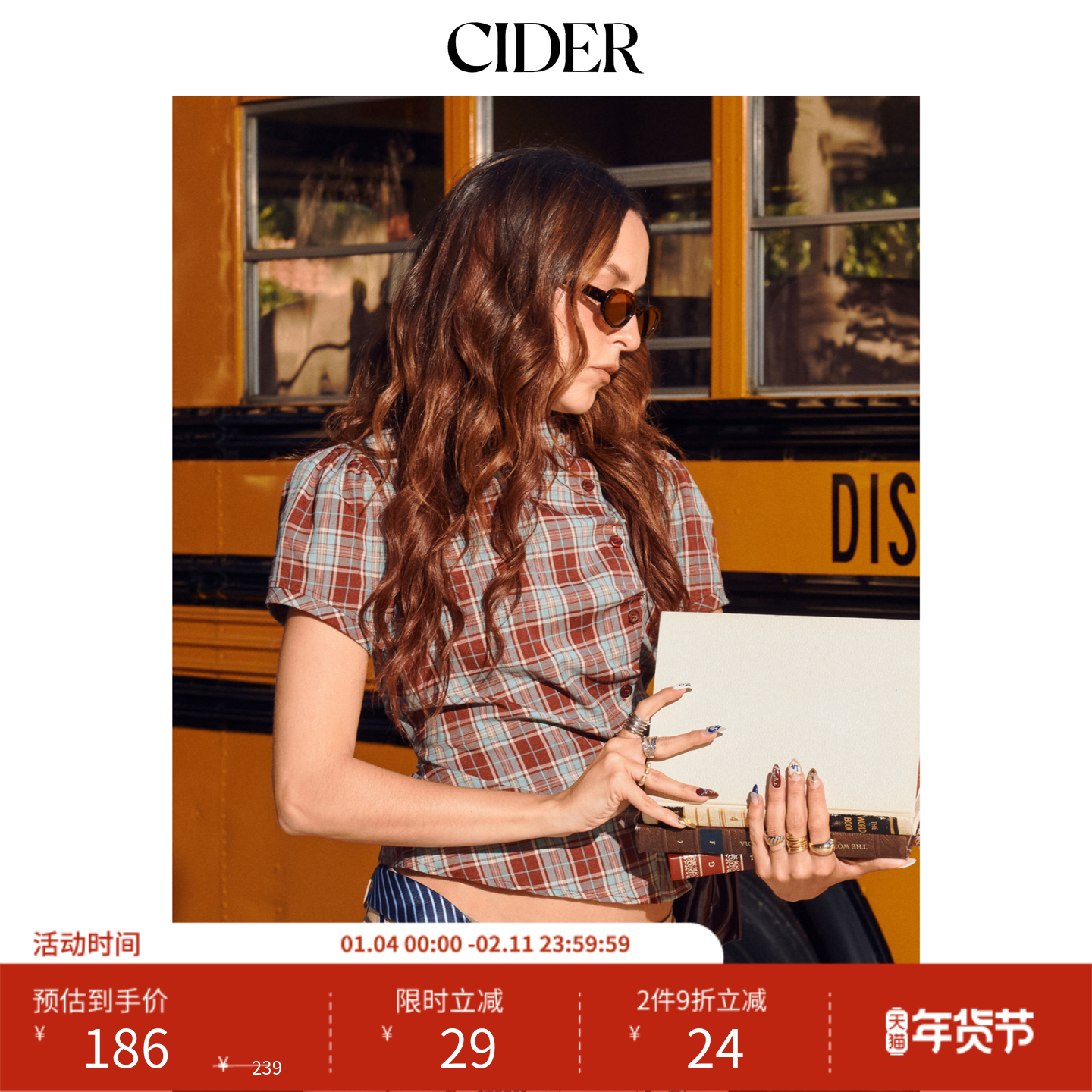 CIDER格纹格子衬衣上衣翻领泡泡袖美式复古扣纽衬衫女114775917