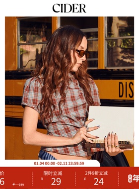 CIDER格纹格子衬衣上衣翻领泡泡袖美式复古扣纽衬衫女114775917
