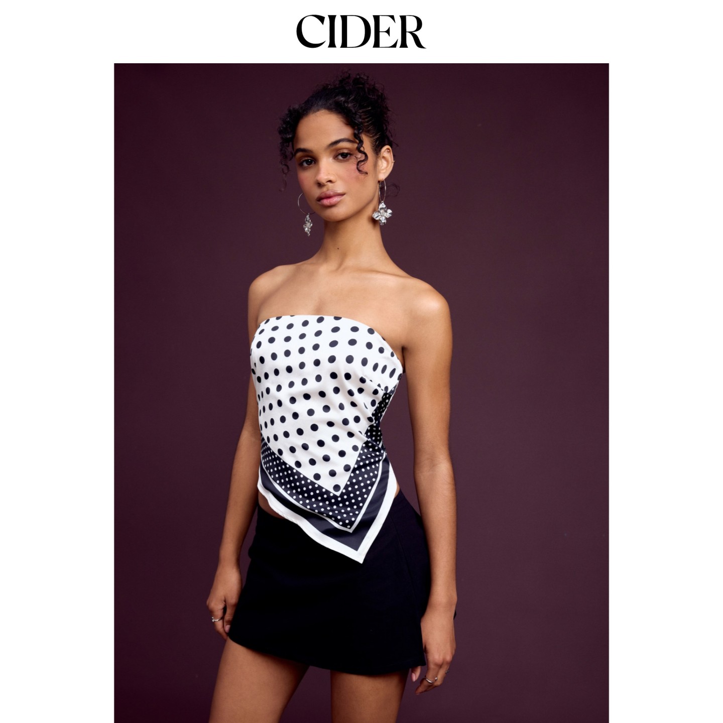 CIDER2026早秋穿搭波点无肩带抽褶不对称下摆抹胸上衣115337324图片