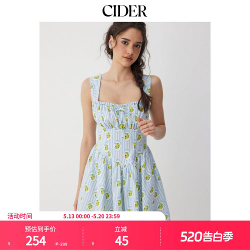 CIDER条纹水果印花方领系带荷叶边A字迷你连衣裙115401852