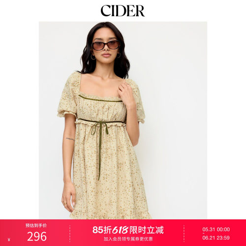 CIDER2026春季新品碎花方领泡泡袖褶边迷你连衣裙115323329