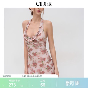 CIDER挂脖碎花褶皱蕾丝边荷叶边长连衣裙女装 114449778