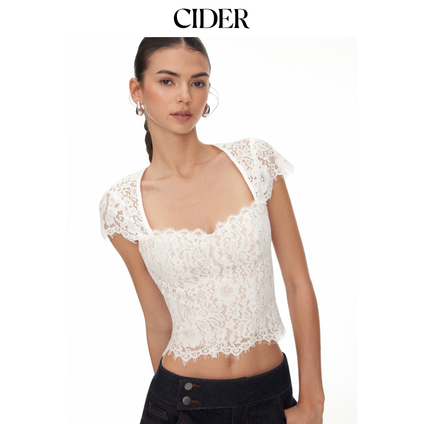 CIDER2026早秋季新品棉混纺蕾丝圆领短袖上衣115483438图片