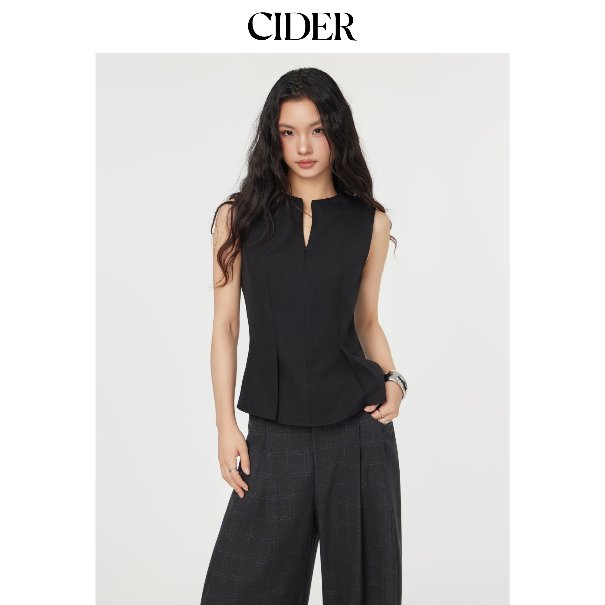CIDERchic风半拉链百褶修身气质无袖针织背心上衣女114616603图片