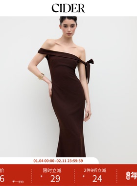 CIDER露肩蝴蝶结美人鱼一字肩长款收腰连衣裙114444307