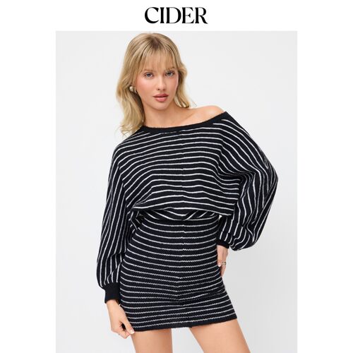 CIDER2026秋季新品针织羊毛混纺船领条纹直筒连衣裙115034483