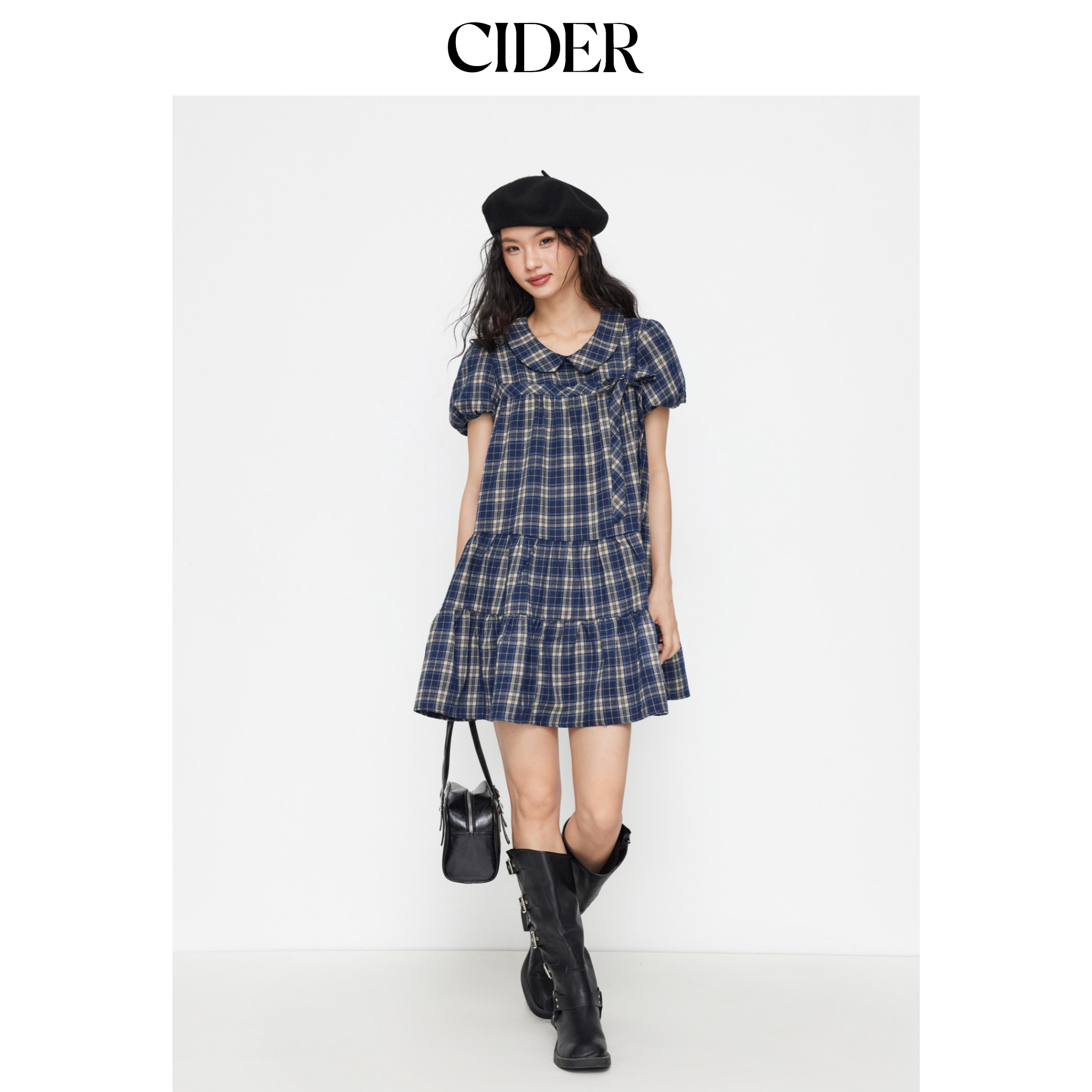 CIDER娃娃领格纹彼得潘领蝴蝶结短袖娃娃迷你连衣裙114933612