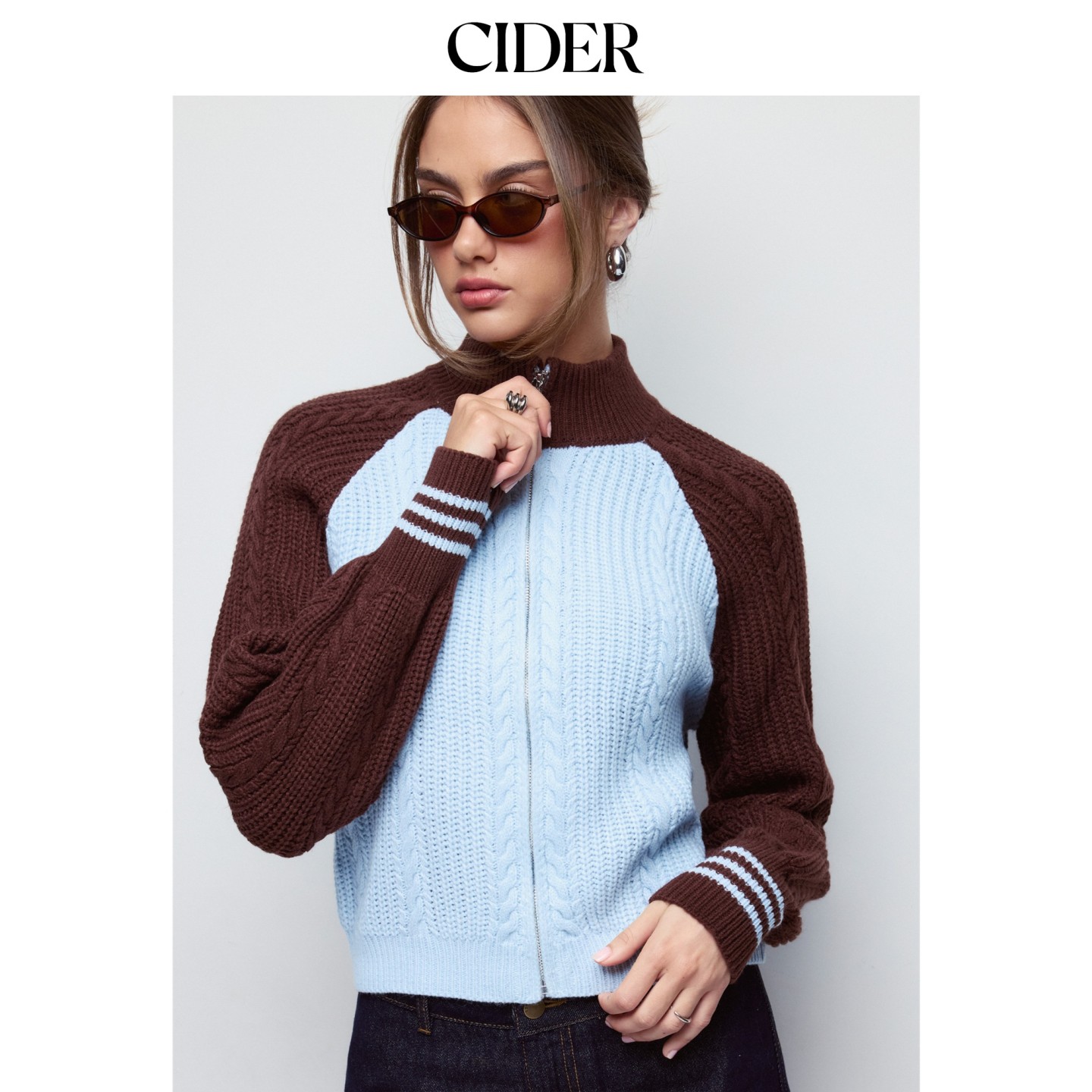 CIDER2026秋季新品麻花拼色高领灯笼袖宽松拉链开衫毛衣115521727