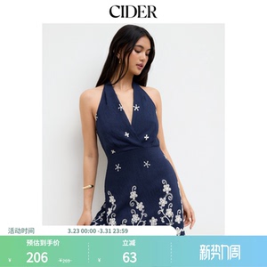 CIDER挂脖V领碎花系带刺绣迷你连衣裙女装114541050