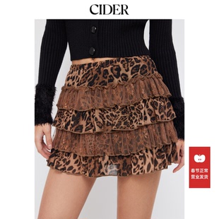 CIDER雪纺低腰豹纹荷叶边层叠迷你半身裙115137181