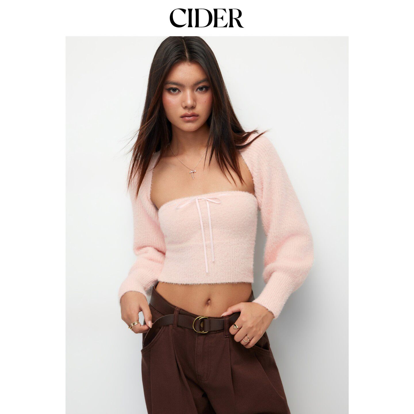 【明星同款】｜CIDER新款美式针织衫抹胸配泡泡袖披肩105547374图片