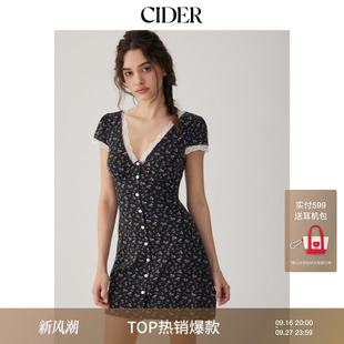 CIDER2026早秋穿搭碎花V领蕾丝边高腰A字迷你连衣裙115285474