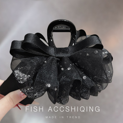 高级感薄纱烫钻精致褶皱裙摆发夹