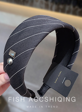 韩系简约高级感发箍灰色条纹方钻复古海绵发卡百搭压发高颅顶宽边